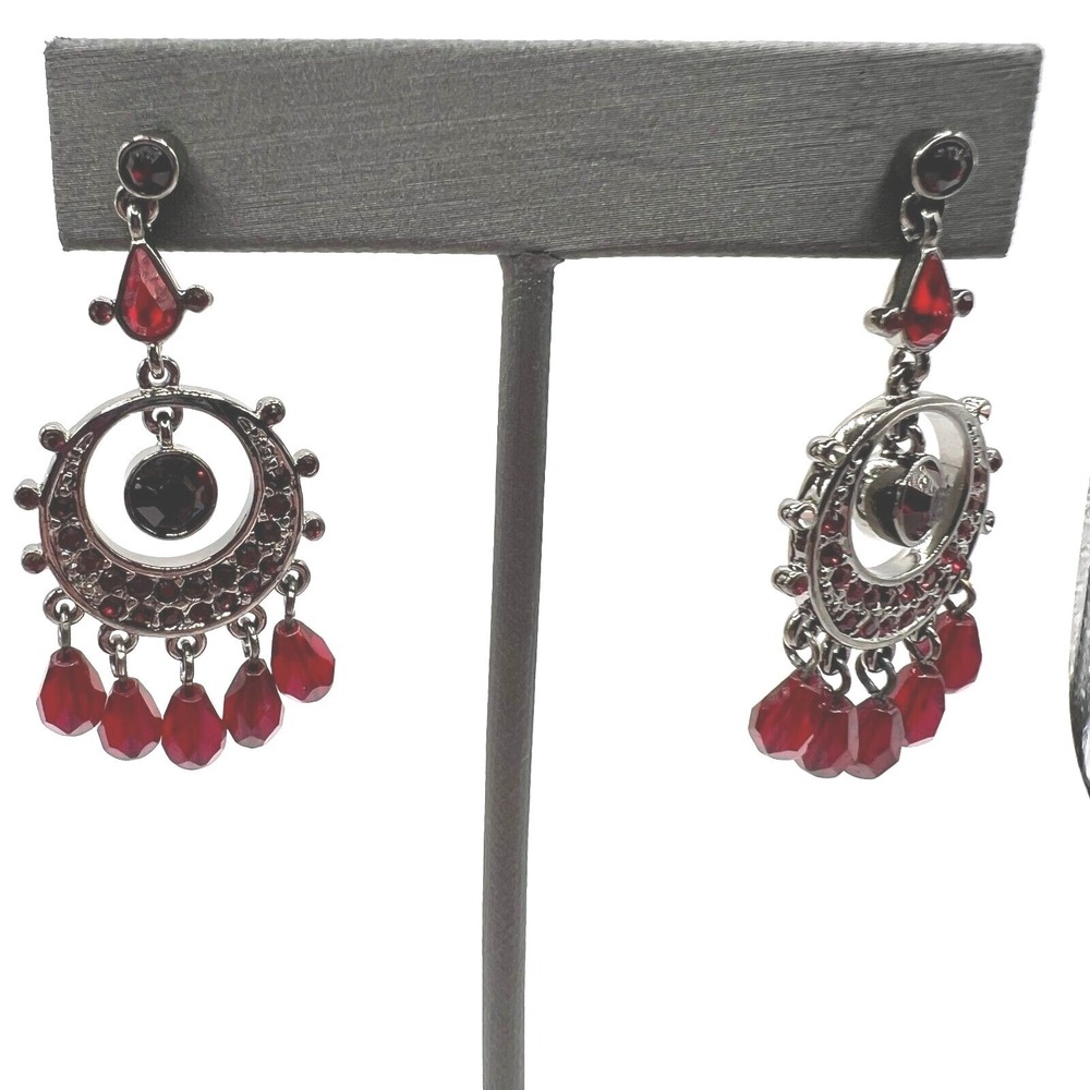 Boho Dangle Earrings Red Crystal Beads Silver Tone Chandelier Drop‎